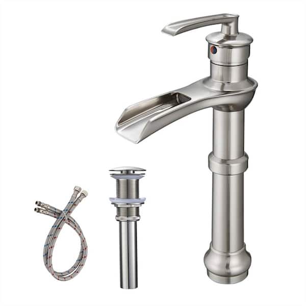 FLG Single Handle Single Hole Waterfall Bathroom Vessel Sink Faucet with Pop-Up Drain Assembly Kit in Brushed Nickel