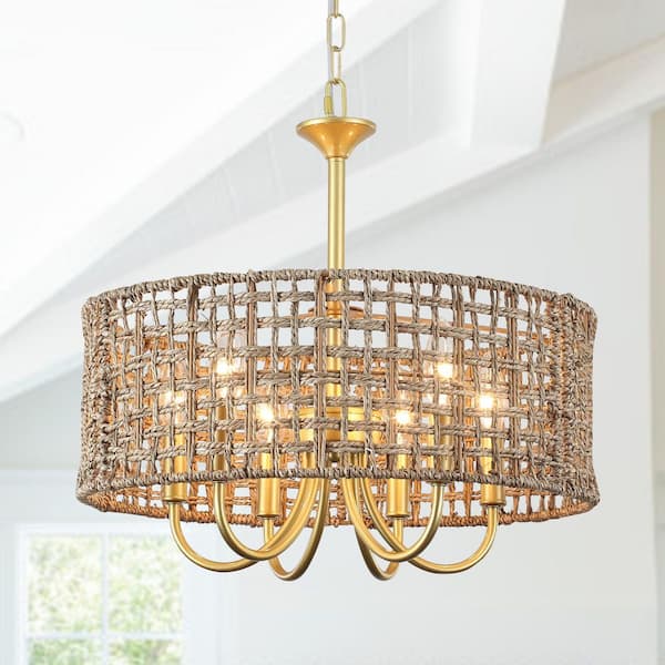 LWYTJO 18 in. 6-Light Spray Gold Bohemian Candle Drum Chandelier w/ Hand-Woven Natural Rattan Shade for Dining Room Foyer