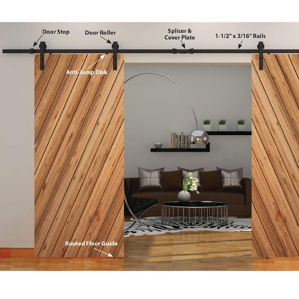 137.75 in. Black Solid Steel Barn Door Hardware Kit for Double Wood Doors with Adjustable Floor Guides (2-Piece Rails) 137.75 in. Black Solid Steel Barn Door Hardware Kit for Double Wood Doors with Adjustable Floor Guides (2-Piece Rails)