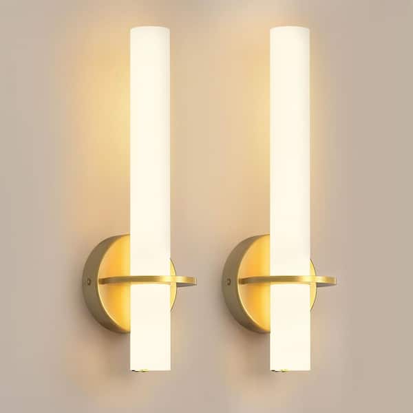 2 in. 1-Light LED Gold Wall Sconce, Modern Dimmable Cylinder Shade Vanity Light for Hallway Bedroom (2-Pack)