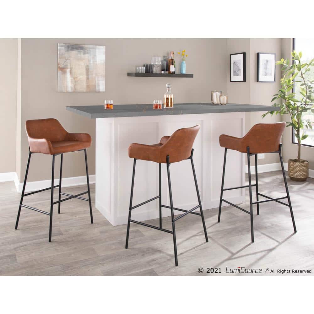 Daniella 21'' Industrial Black Metal and Camel Faux Leather Barstools, Set of 2