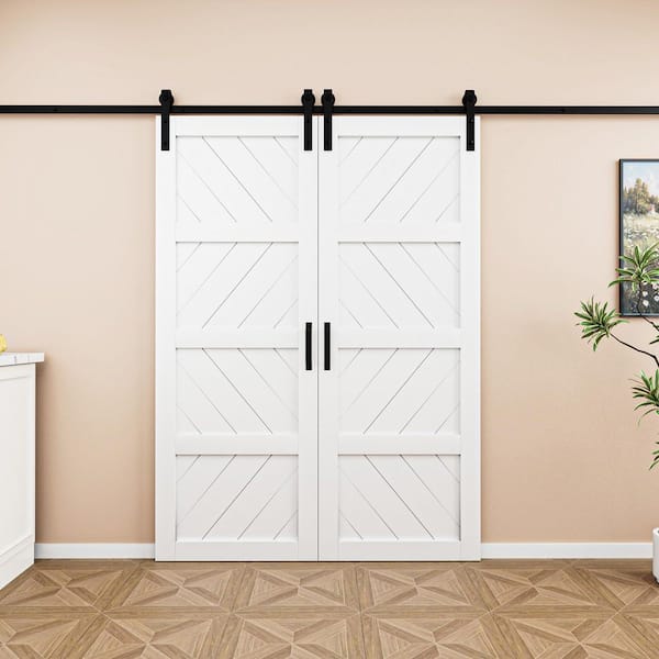 60 in. x 84 in. White 4 Lite Wave Pattern Finished MDF Sliding Barn Door with Hardware Kit and Soft Close