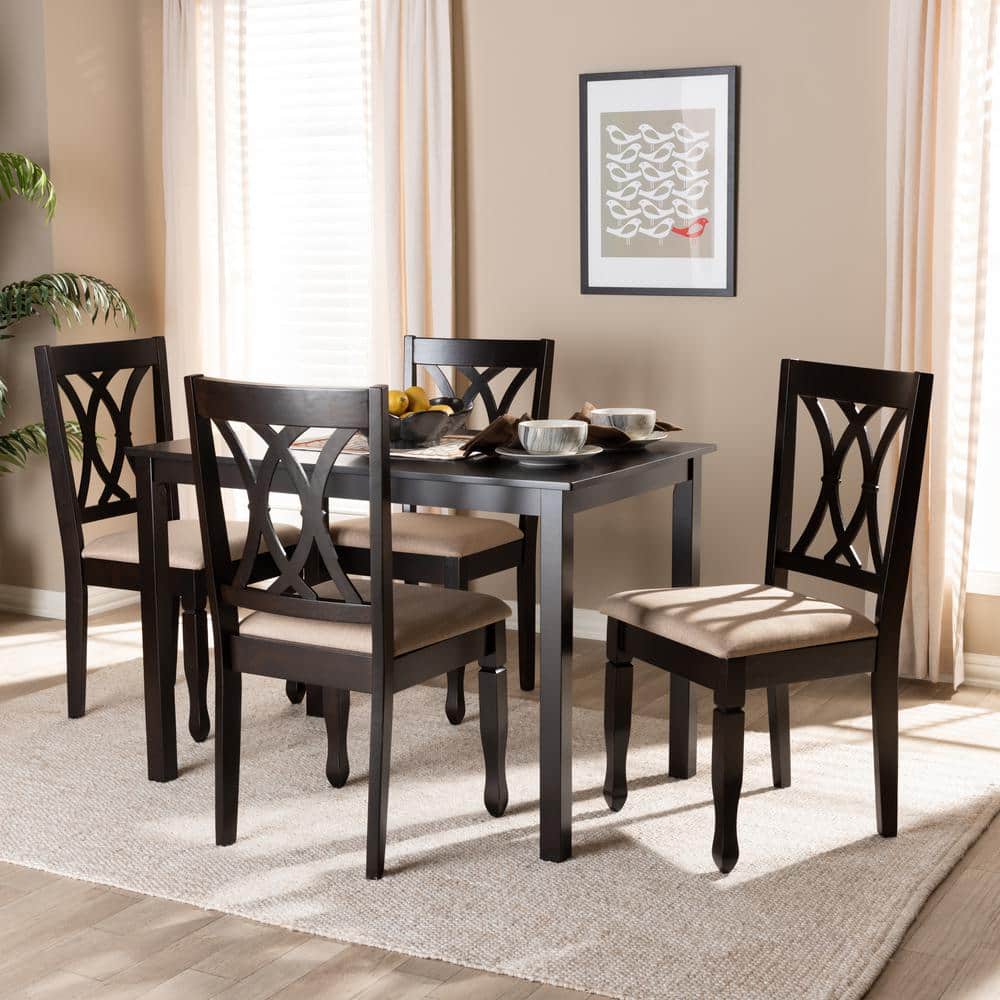Espresso Brown and Sand Fabric 5-Piece Dining Set with Cut-Out Chair Design