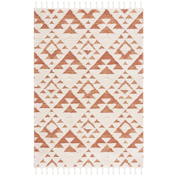 Moroccan Tassel Shag Ivory/Brick Rust 9 ft. x 12 ft. High-Low Geometric Fringe Area Rug