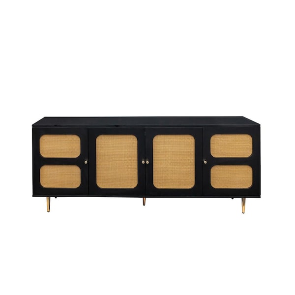 Rattan Sideboard Buffet Cabinet, Kitchen Storage Cabinet Console Table with Adjustable Shelves for Living Room-Black