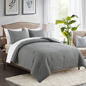 3-Piece Dark Gray Quilted Creased Mincofiber Queen Size Comforter Set