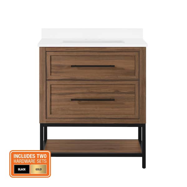 Corley 30 in. Single Sink Spiced Walnut Bath Vanity with White Engineered Stone Top (Assembled)
