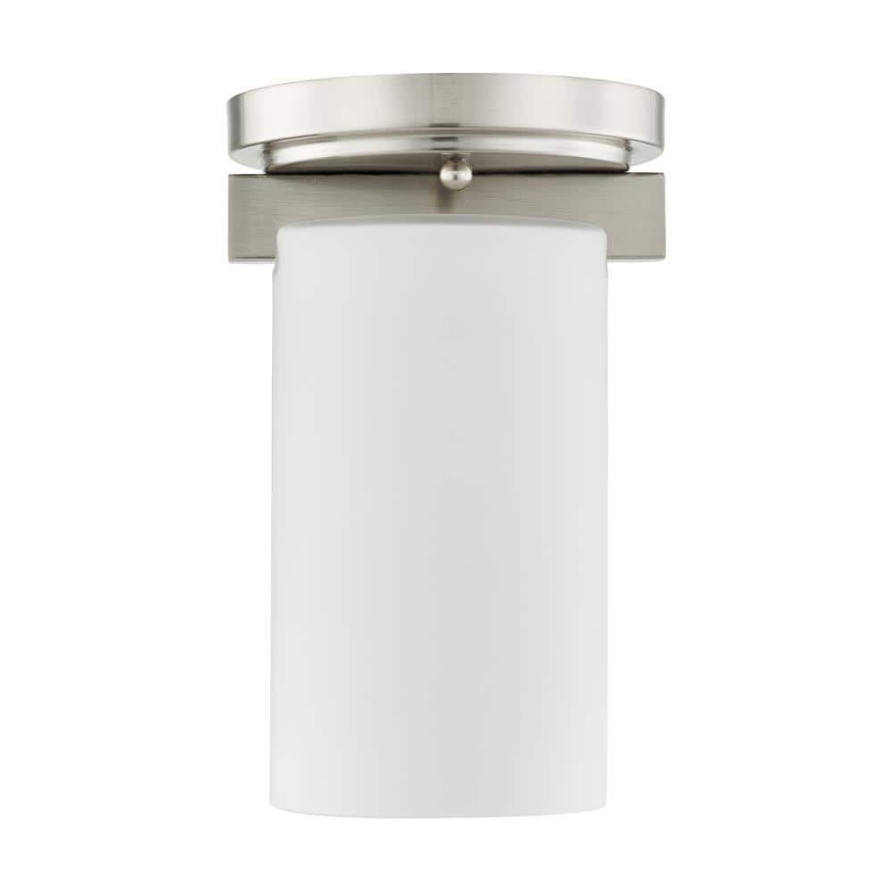 Delray 5 in. 1-Light Brushed Nickel Industrial Flush Mount with Satin Opal White Glass and No Bulbs Included