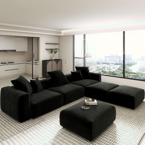 118 in. Armless Oversized 4-Piece Deep Seat L-shaped Corduroy Sectional Sofa Grand Couch with Ottoman in Black