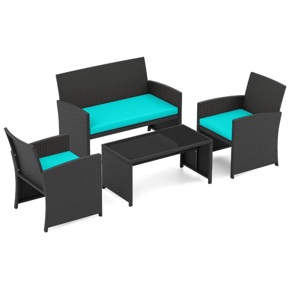 4-Piece PE Rattan Outdoor Patio Conversation Set with Coffee Table and Cushions, Turquoise price history on PriceWatchPro