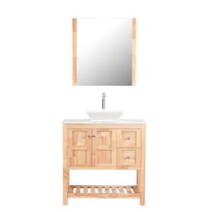 36 in. W x 18 in. D x 41 in. H Single Sink Bath Vanity in Natural Wood with Marble Vanity Top and White Basin and Mirror
