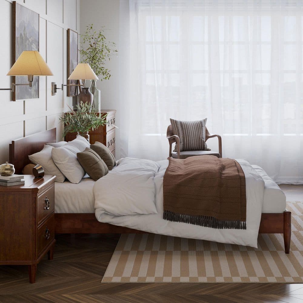 Aria Queen Walnut Wood Low Profile Platform Bed with Headboard