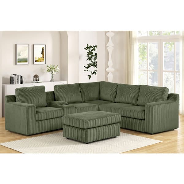 Sagewood 105 in. W Square Arm 9-Piece Corduroy Reversible Sectional Sofa in Green