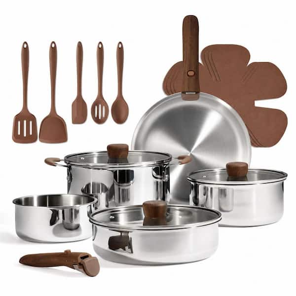 19-Piece Stainless Steel Nonstick Cookware Set with Detachable Handle Induction Oven Safe Woodgrain
