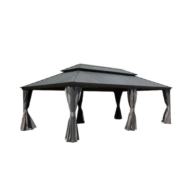 14 ft. x 22 ft. Gray Hardtop Gazebo with Galvanized Steel Double Roof, Built-in Gutter System, Curtain and Netting