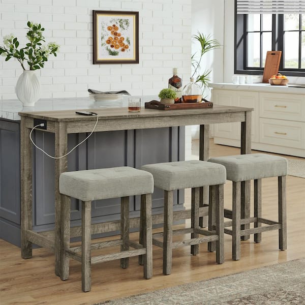 35.5 in. H Brown Rectangle Bar Table Set with 3 Upholstered Stools, Power Outlet and USB Ports(Set of 4)