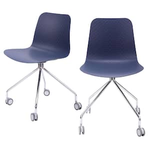 Hebe Series Navy Office Chair Designer Task Chair Molded Plastic Seat with Chrome Wheel Legs (Set of 2)