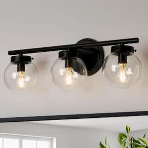 Industrial Black Bathroom Vanity Light, 19.5 in. 3-Light Modern Transitional Globe Wall Sconce with Clear Glass Shades