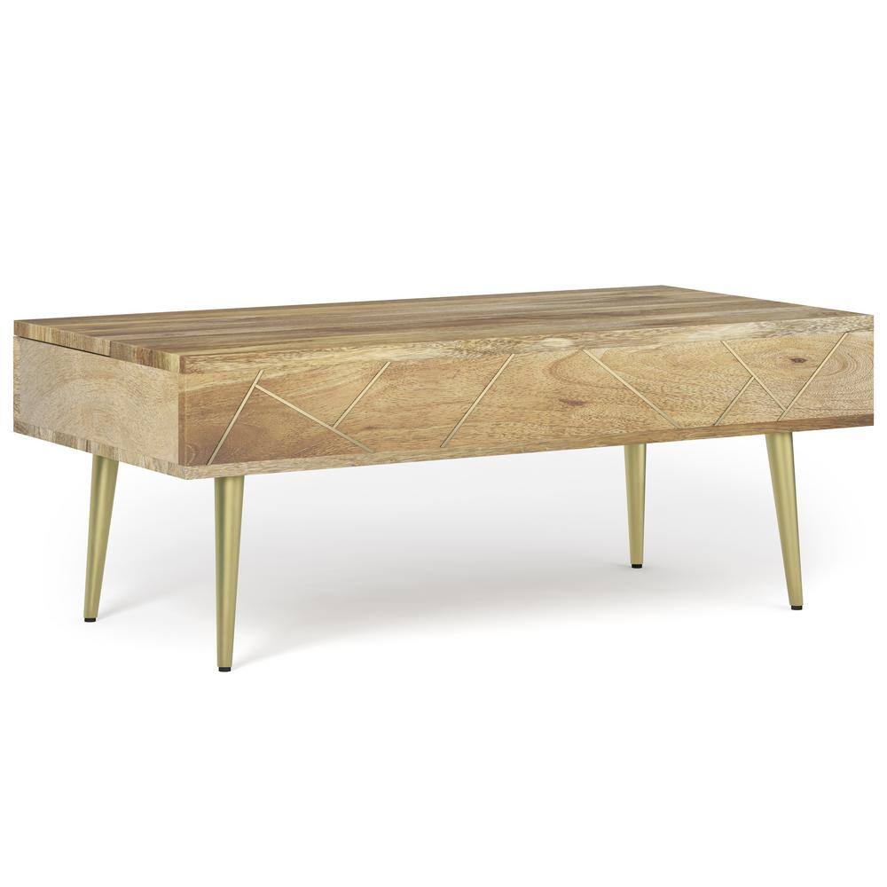 Rectangular Mango Wood Lift-Top Coffee Table with Brass Inlay