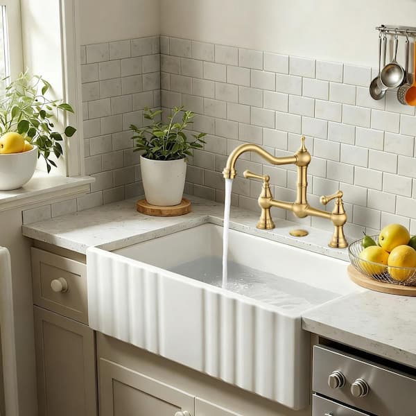 Double Handle Solid Brass Bridge Kitchen Faucet in Gold