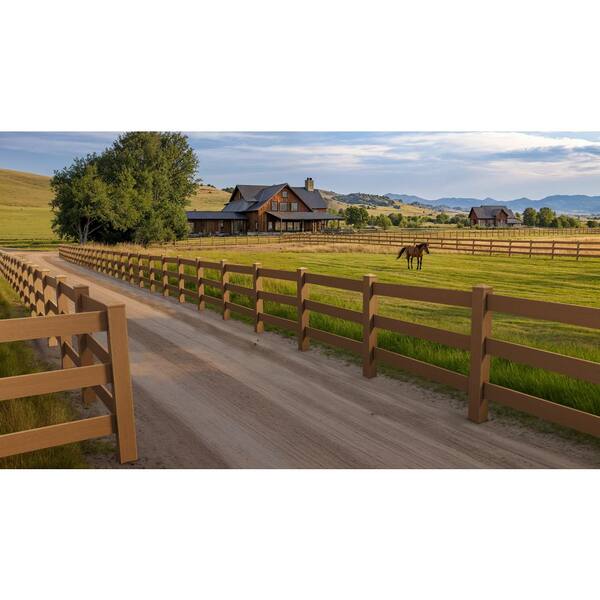 Natures Composites Composite 3-Rail Corner Post with Post Cap for Traditional Ranch Rail System (5 in. x 5 in. x 65 in. L) Timber Brown