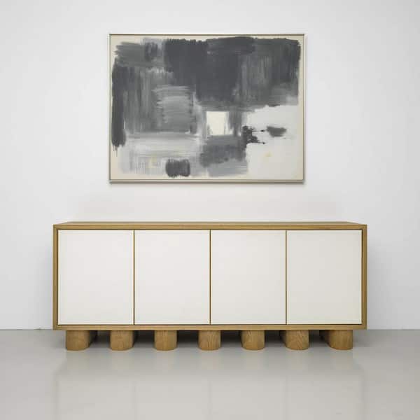 Alarno Sideboard, White Shagreen-Top Wood Buffet with Oak Frame, Gold Accents, and Media-Friendly Storage