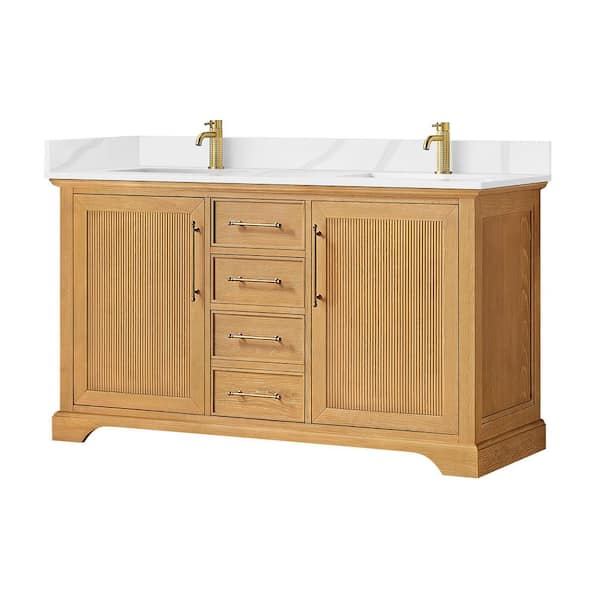 Tokyo 60 in. W. x 22 in. D x 44 in. H Double Bath Vanity in Oak Natural Brown with Silk White Quartz Stone Top