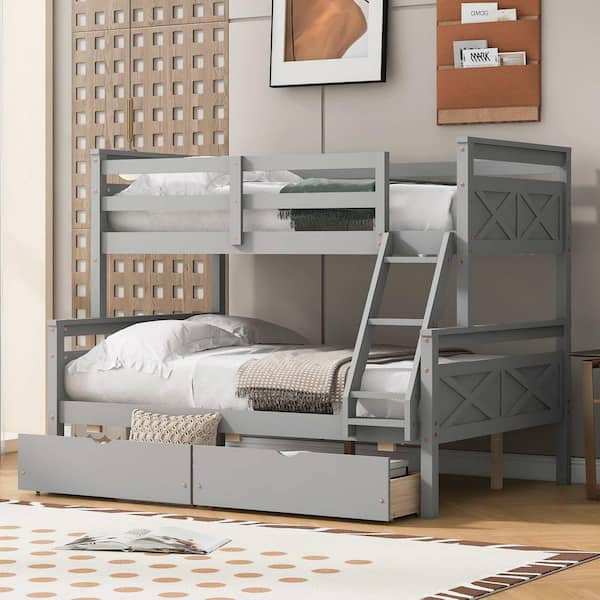 Polibi Gray Twin Over Full Bunk Bed with Ladder, 2-Storage Drawers, Safety Guardrail