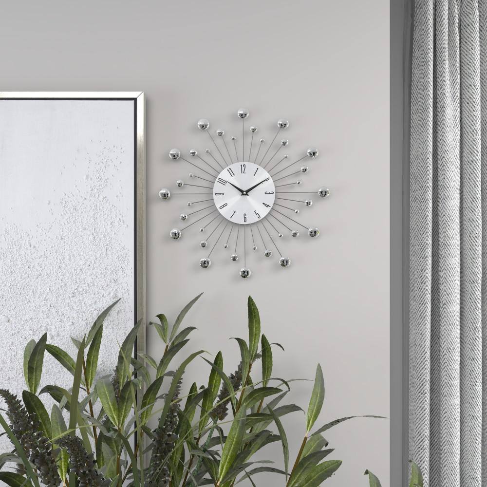 Silver Metal Starburst Wall Clock with Crystal Accents