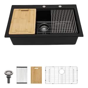 Drop-In 33 in.Single Bowl Matte Black Quartz Composite Workstation Kitchen Sink with StRainer