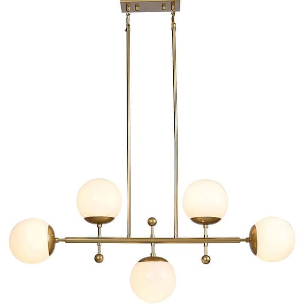 Unbranded Decomus 300-Watt 5 light Gold Brass Shaded Pendant Light with Frost White Glass Shade, No Bulbs Included