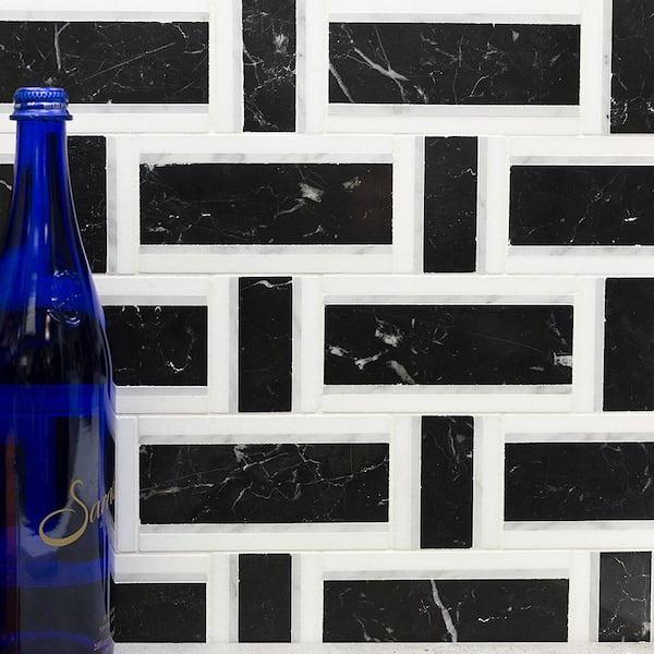 Mingle Nero White Carrara and Thassos Interlocking 12 7/8 in. x 12 3/4 in. Marble Mosaic Tile (1.14 sq. ft.)