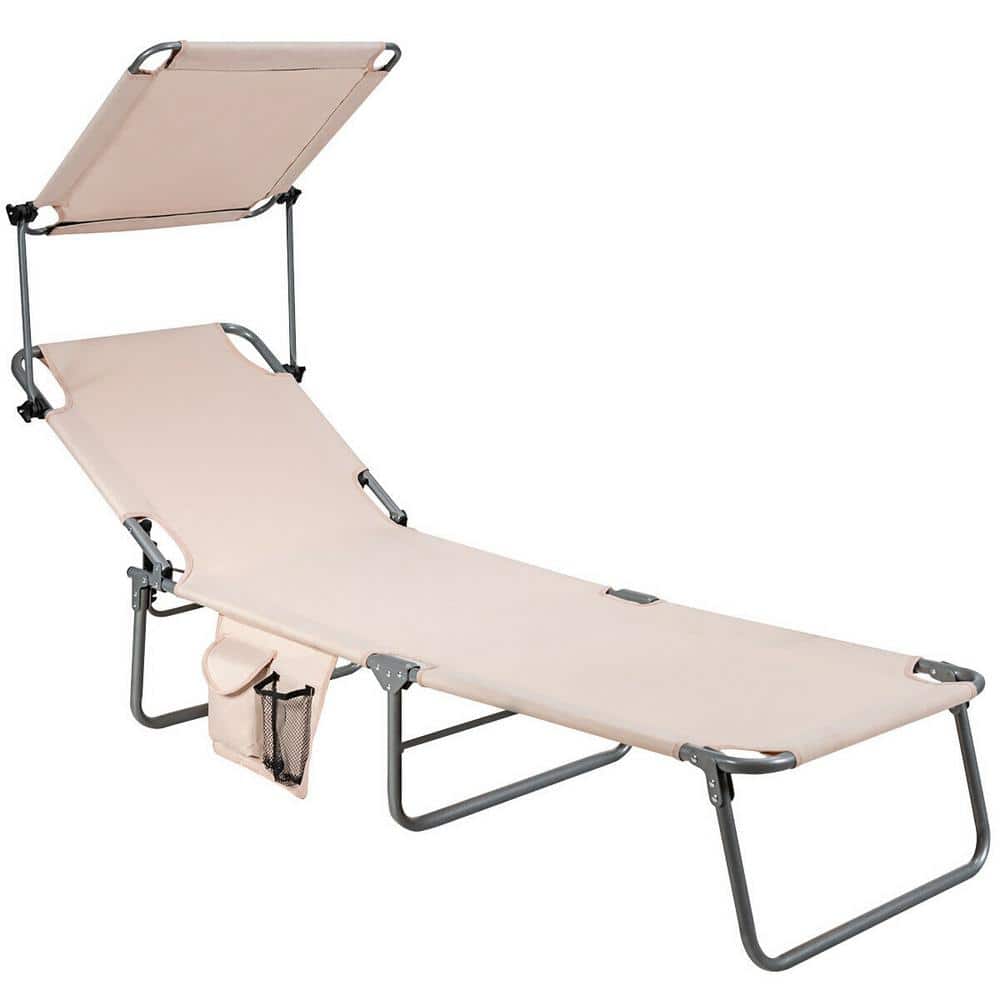 Beige 1-Piece Metal Outdoor Folding Chaise Lounge with Canopy Shade