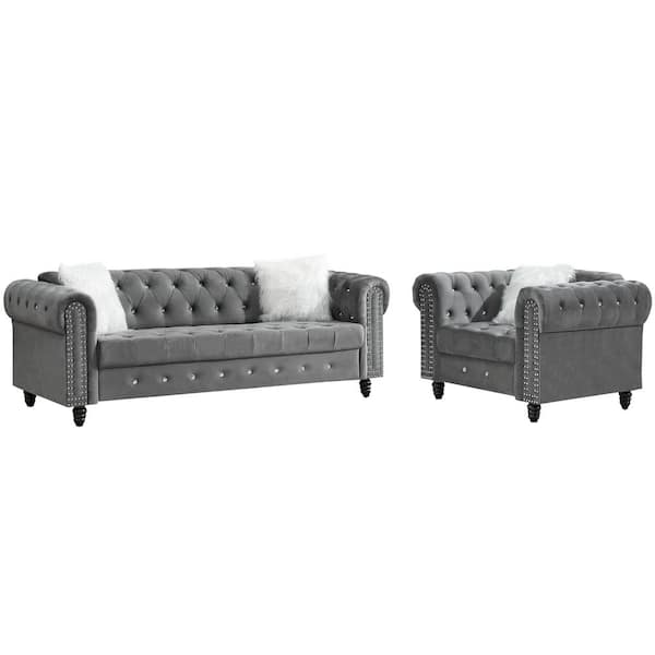 Z-joyee 85 in. Rolled Arm Velvet Chesterfield Straight 3-Seat Sofa with Arm Chair and Pillows in Gray