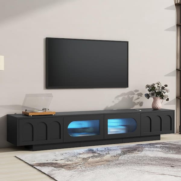 Harper & Bright Designs Black Morden TV Stand Fits TVs up to 95 in. with Arched Designs, Fluted tempered Glass Doors and Smart Light Strip