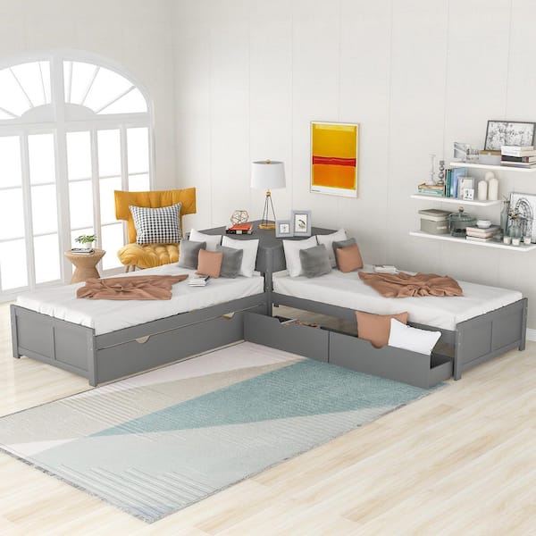 Gray Wood Frame L-shaped Twin Platform Bed with Trundle and Drawers Linked with Desk