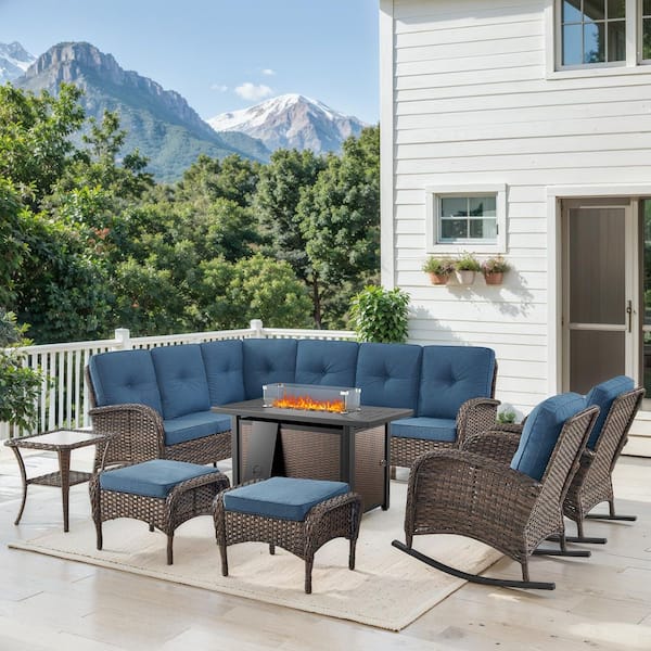 Carlos 8-Piece Patio Fire Pit Conversation Set with Rocking Chair, 8-Seat Outdoor Sectional Couch Set with Blue Cushions