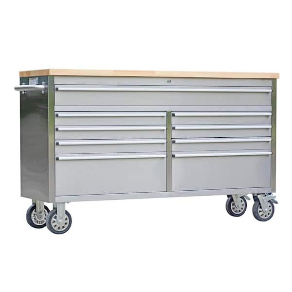 61 in. W x 18 in. D Heavy Duty 9-Drawer Mobile Workbench Cabinet Wood Top Tool Chest with Wheel and Power Outlet, Silver
