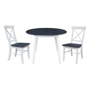 Set of 3-pcs - 42 in. White/Heather Gray Drop-Leaf Solid Wood Table and 2-Side Chairs