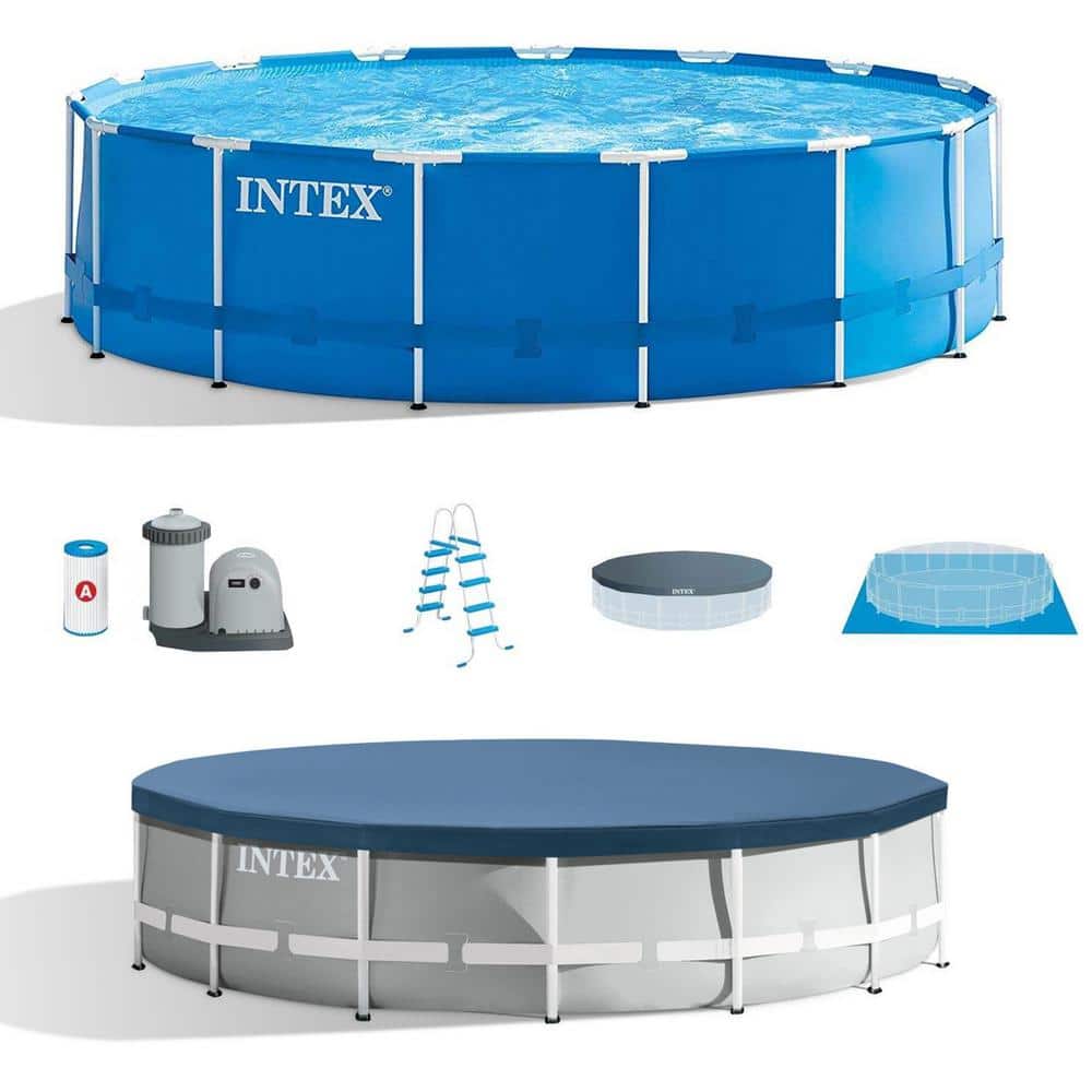 INTEX 15 ft. x 48 in. Round Metal Frame Above Ground Swimming Pool Set and 15 ft. Pool Cover, Blue -  28241EH+28032E