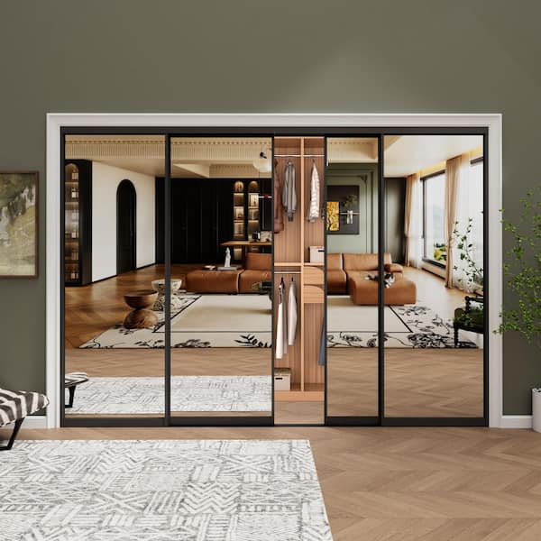 96 in. x 80 in. 1-Lite Black Mirrored Glass and Aluminum Frame Finished Closet Sliding Door with Hardware Kit