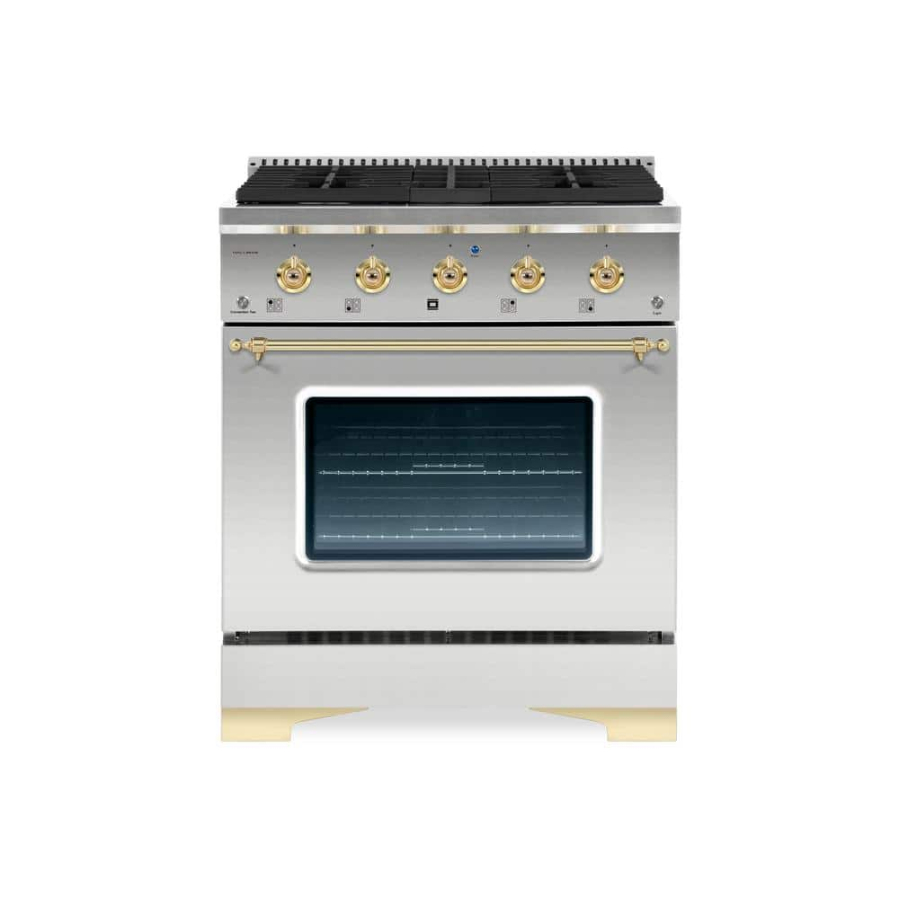 CLASSICO 30"" 4.2 CuFt. 4 Burner Freestanding All Gas Range with Gas Stove and Gas Oven, Stainless steel with Brass Trim -  Hallman, HCLRG30BSSS