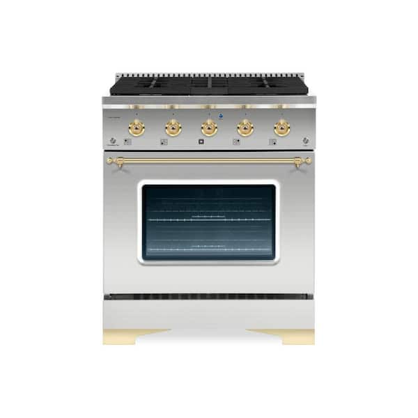 Hallman CLASSICO 30" 4.2 CuFt. 4 Burner Freestanding All Gas Range with Gas Stove and Gas Oven, Stainless steel with Brass Trim