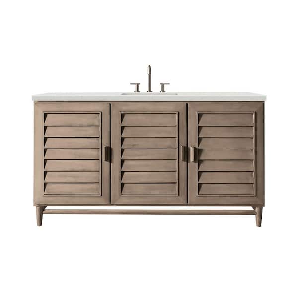 James Martin Vanities Portland 60.0 in. W x 23.5 in. D x 34.3 in. H Single Bathroom Vanity Whitewashed Walnut and Lime Delight Quartz Top