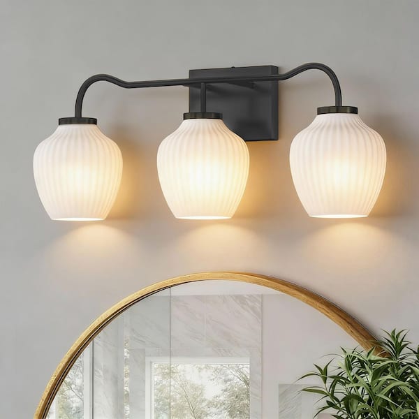 24 in. 3-Light Black Modern Dimmable Indoor Hardwired Bathroom Vanity Light with White Frosted Glass Shade
