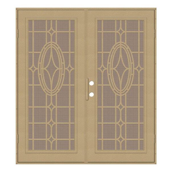 Unique Home Designs 72 in. x 80 in. Modern Cross Desert Sand Right-Hand Surface Mount Security Door with Desert Sand Perforated Screen