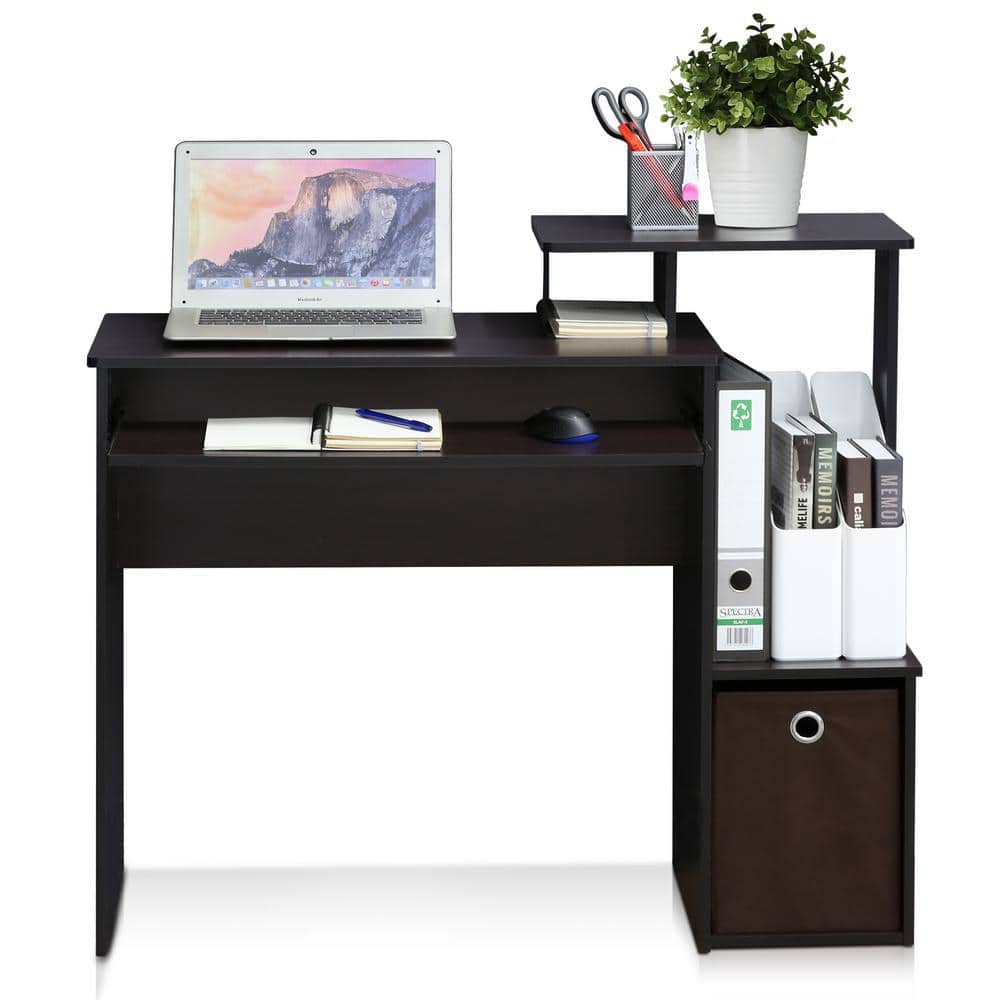 Dark Walnut Compact Computer Desk with Drawer and Keyboard Tray