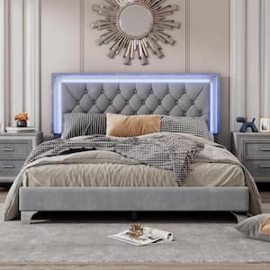 Gray Wood Frame Queen Size Velvet Upholstered Platform Bed with Tufted Headboard and LED Lights