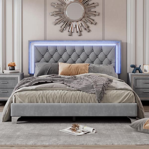 Harper & Bright Designs Gray Wood Frame Queen Size Velvet Upholstered Platform Bed with Tufted Headboard and LED Lights
