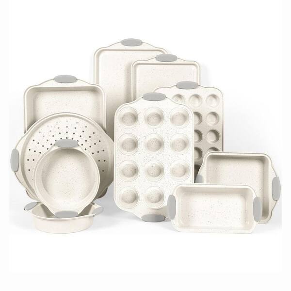 10-Piece Cream Nonstick Carbon Steel Bakeware Set with Silicone Handles Oven Safe Stackable with Lid